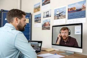 Two freight forwarders video conferencing about global shipping logistics