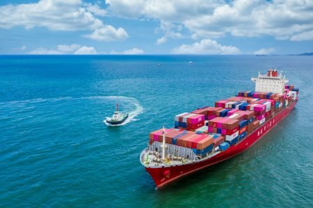 Container ship global business freight import export logistic transportation.